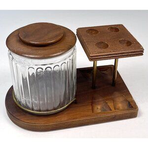 VTG Decatur Industries Walnut 4 PIPE STAND HOLDER w/ Glass Tobacco Jar Humidor